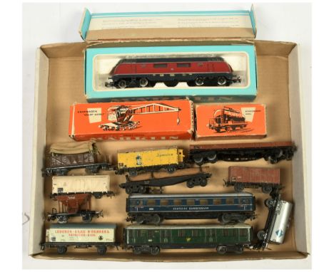 Marklin OO Loco &amp; Rolling Stock. To include 3021 DB Red / Blue Diesel Loco, 4611 Crane wagon, DB Blue 2nd Class coach plu