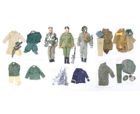 Action Man: A collection of three dressed Action Man figures, together with a collection of assorted accessories and clothing