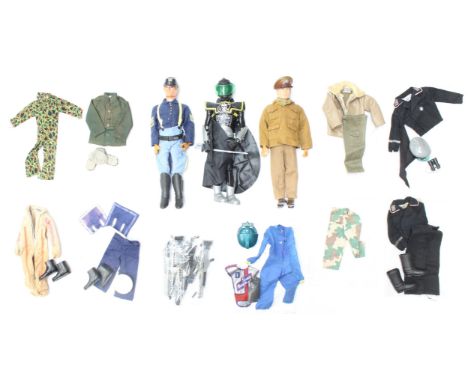 Action Man: A collection of three dressed Action Man figures, together with a collection of assorted accessories and clothing