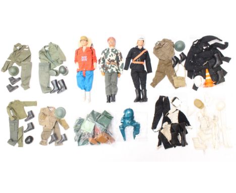 Action Man: A collection of three dressed Action Man figures, together with a collection of assorted accessories and clothing