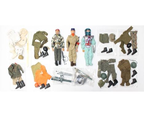 Action Man: A collection of three dressed Action Man figures, together with a collection of assorted accessories and clothing