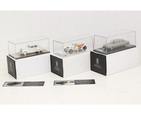 Rolls-Royce: A collection of three boxed Rolls-Royce 1:43 vehicles, to include: 1914 Silver Ghost w/ Wooden Coachwork, 1977 S
