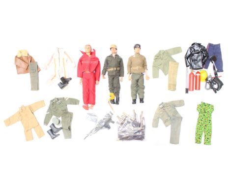 Action Man: A collection of three dressed Action Man figures, together with a collection of assorted accessories and clothing