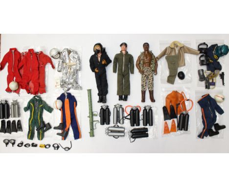 Action Man: A collection of three dressed Action Man figures, together with a collection of assorted accessories and clothing