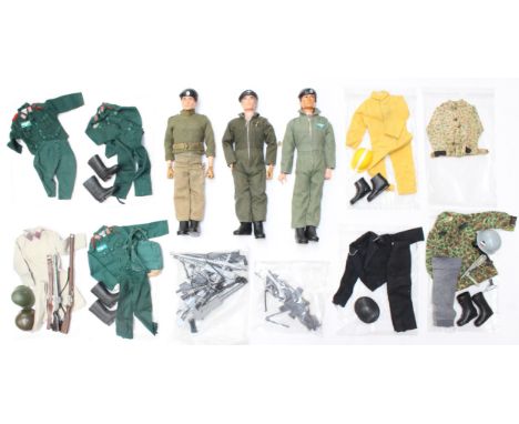 Action Man: A collection of three dressed Action Man figures, together with a collection of assorted accessories and clothing