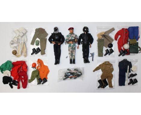 Action Man: A collection of three dressed Action Man figures, together with a collection of assorted accessories and clothing