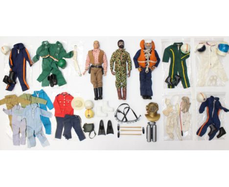 Action Man: A collection of three dressed Action Man figures, together with a collection of assorted accessories and clothing