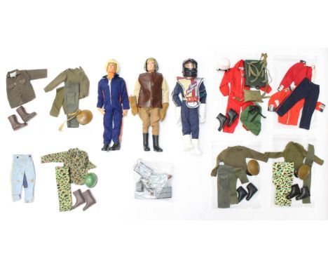 Action Man: A collection of three dressed Action Man figures, together with a collection of assorted accessories and clothing