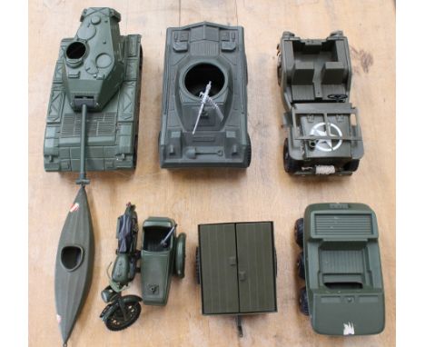 Action Man: A collection of seven Action Man unboxed vehicles to include: Tank, Jeep, Motorcycle and Sidecar, Trailer and oth