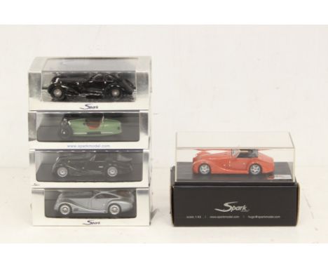 Spark: A collection of five boxed Sparkmodel Minimax 1:43 vehicles, to include: Delage and four examples of Morgan. Original 