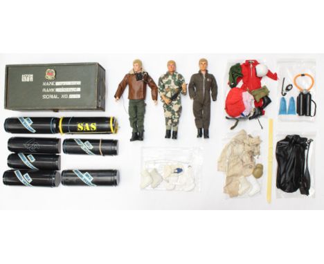 Action Man: A collection of three dressed Action Man figures, together with a collection of assorted accessories and clothing