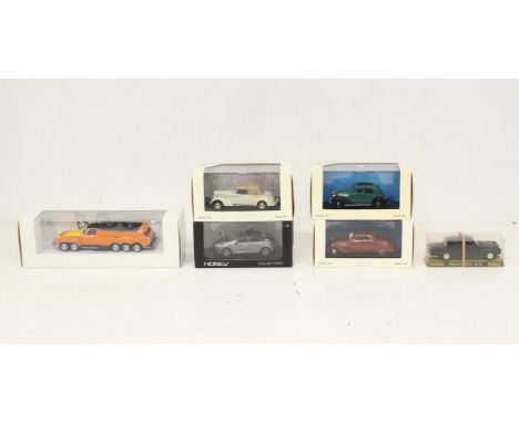 Norev: A collection of six boxed Norev 1:43 vehicles, to include: PLR Michelin, Rolls Royce, Renault, Peugeot, Hotchkiss and 