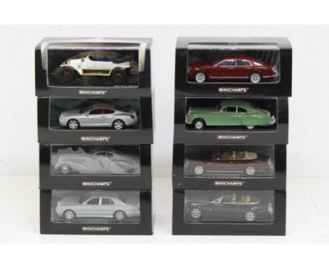 Minichamps: A collection of eight boxed Minichamps 1:43 vehicles, to include: Bentley, Rolls-Royce, and Audi. Original boxes,