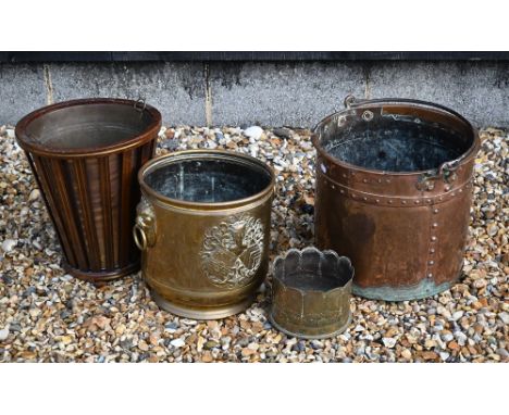 An Arts &amp; Crafts rivetted copper log-bin, 34 cm diam with wrought iron swing handle to/w a brass-inlaid mahogany bin with