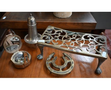 Silver-clad engine turned sugar caster to/w compass, trivet and horseshoe 