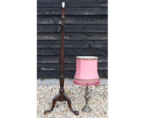 A Chippendale style standard lamp with tripod legs and claw feet, 168 cm high to/w brass table lamp, 58 cm high (2) 