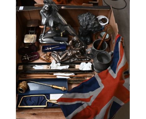 Quantity of collectables including postage scales, 5ft draughtsman's square with brass mounts, red ensign, figures and bust, 