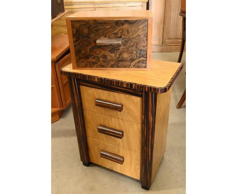 Art Deco style ash and coromandel three-drawer bedside chest, 51 cm wide to/w a single drawer box, 35 cm (2) 