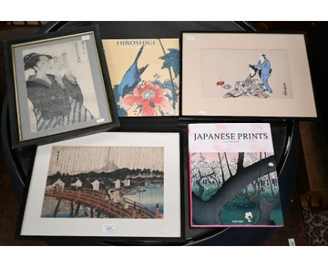 Antique Japanese woodcut after Hiroshige, Nihonbashi Bridge in the Rain, 34 x 21.5 cm, mfg, to/w a watercolour on paper of a 