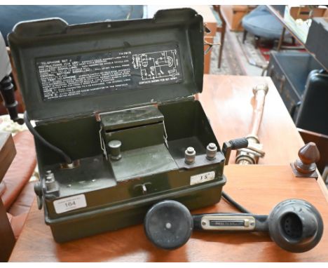 British Army Field Telephone Set J, in green-painted metal case with dynamo crank handle.&nbsp; 28cm wide o/a 