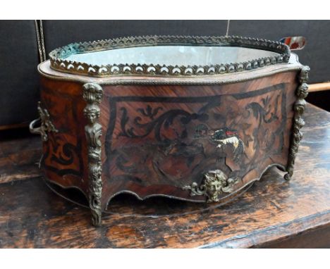 French Louis XV revival inlaid kingwood plant-trough with brass mounts and metal liner, 47 cm wide 