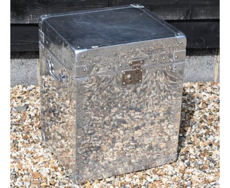 A polished metal log bin/trunk, 46 x 57 x 40 cm 