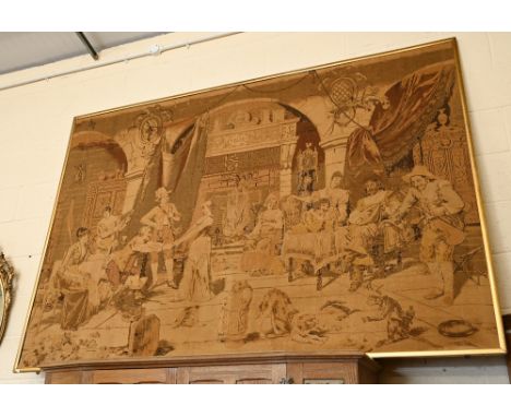 A large antique Belgian tapestry panel depicting exuberant 17th century tavern scene in gilt frame, 152 x 221 cm 