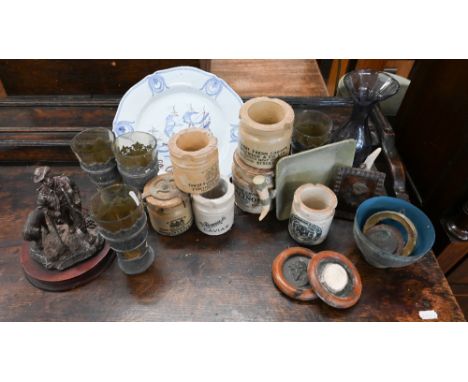 Quimper plate painted with a galleon, to/w various antique caviar pots, four pewter and green glass goblets, pewter group of 