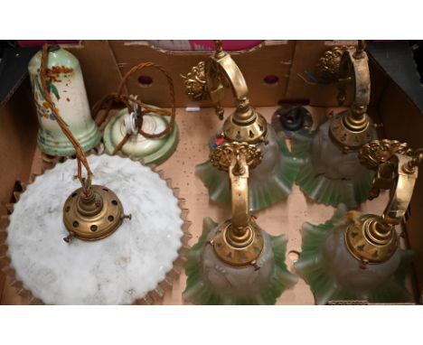 Four brass wall-lights with green frosted glass shades to/w a Continental pottery and glass adjustable ceiling light (box) 