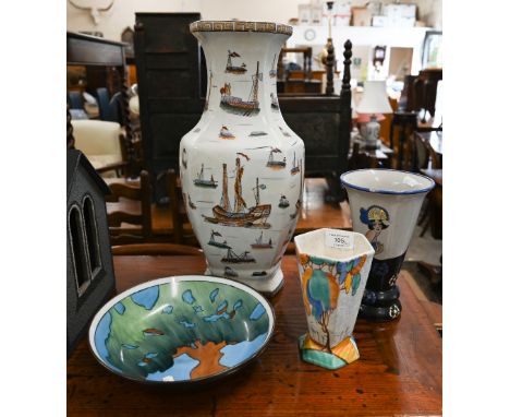 Art Deco pottery hexagonal vase painted with a tree in the manner of Clarice Cliff to/w a Chinese vase painted with boats, a 