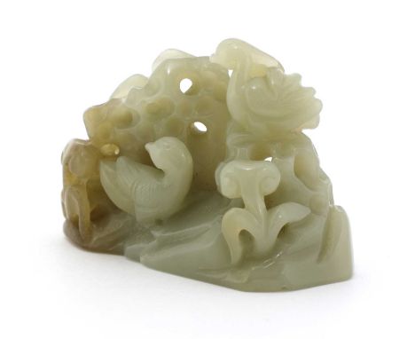 A Chinese jade carving, of two mandarin ducks among flowers and lingzhi by a rock, 6cm longCondition report: The stone with c