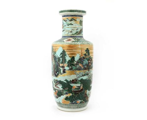 A Chinese famille verte vase,late Qing dynasty, of rouleau form, painted with literati and attendants in a rocky landscape wi