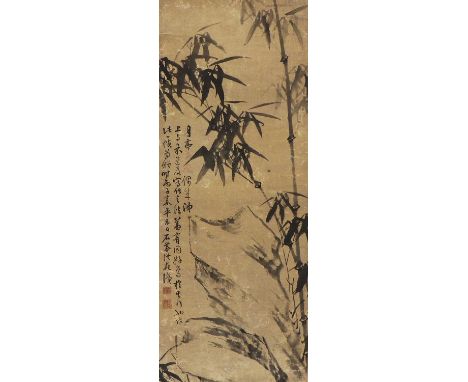 A Chinese hanging scroll,late Qing dynasty, painted with bamboo by rocks, signed with two artist's seals, inscribed and dated
