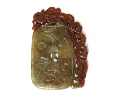 A Chinese jade pendant, Qing dynasty (1644-1911), of rectangular form with a chilong clambering to the top, 7.2cm longConditi
