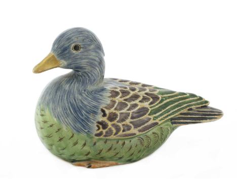 A Japanese porcelain okimono, early 20th century, probably Ao Kutani, of a duck with its feathers enamelled in blue and green