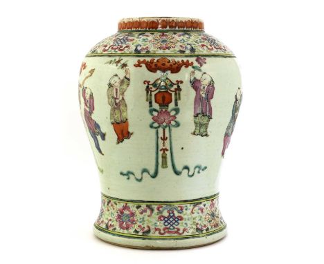 A Chinese famille rose vase,Guangxu (1875-1908), of baluster form, painted with boys celebrating among lanterns, between two 