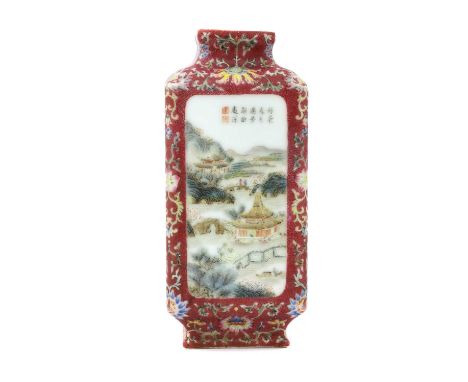 A Chinese famille rose vase, Republic period (1912-1949), of square form, painted with landscapes with inscriptions in rectan