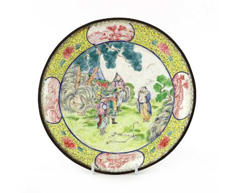 A Chinese export Canton painted enamel dish,Qianlong (1736-1795), the rounded sides rising from a circular foot, painted with