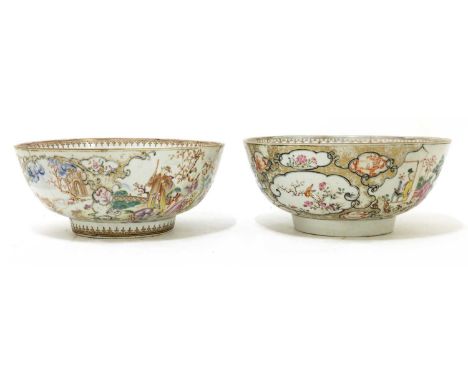 A Chinese export famille rose punch bowl, Qianlong (1736-1795), painted with figures appraising birds in a garden, 28.2cm dia
