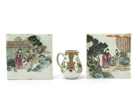 Two Chinese famille rose plaques, Guangxu (1875-1908), each of square form, painted with figures in a garden, 14.8cm square, 