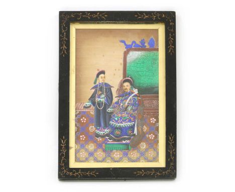 Four Chinese pith paper paintings,19th century, painted with officials wearing court robes seated in a living room, 31 x 18.5