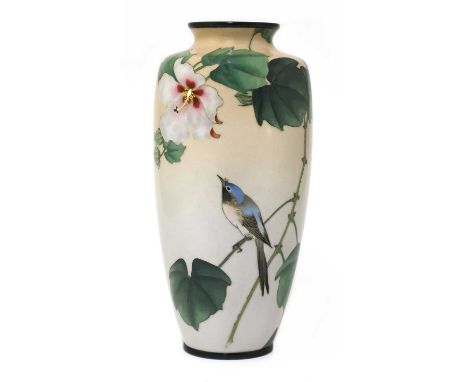 A Japanese cloisonné vase,early 20th century, by Ando Jubei, of ovoid form, enamelled with a bird perched on a blossoming bra