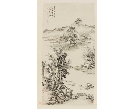 A Chinese hanging scroll, painted with a literatus staring at a river in a mountainous landscape, inscribed with signature of
