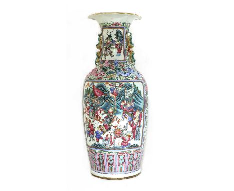 A Chinese Canton enamelled famille rose vase, 19th century, of baluster form rising to a flared lobed rim, painted with warri