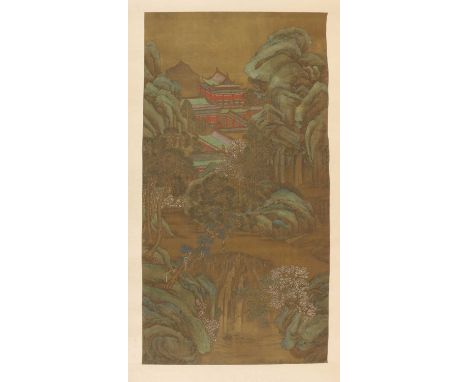 A Chinese hanging scroll, in the style of Li Sixun, painted with a pavilion in a mountainous landscape, ink and colour on sil