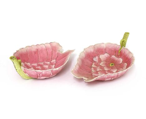 A pair of Chinese famille rose lotus cups, 20th century, each modelled in the shape of a large lotus blossom, with incised ov
