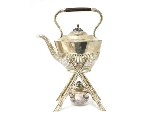 A Chinese export silver kettle on stand,early 20th century, the kettle of half-fluted oval form with a hinged cover, the stan