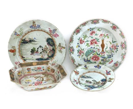A Chinese export famille rose charger, 18th century, painted with a landscape surrounded by the Eight Daoist Immortals, 35cm 