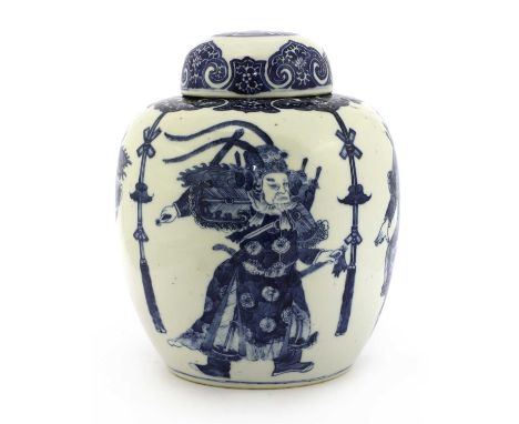 A Chinese export blue and white jar and cover, Qing dynasty (1644-1911), the rounded sides painted with three theatrical figu