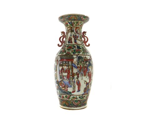 A Chinese Canton enamelled famille rose vase, 19th century, of ovoid form flanked by two chilong handles to the neck, painted